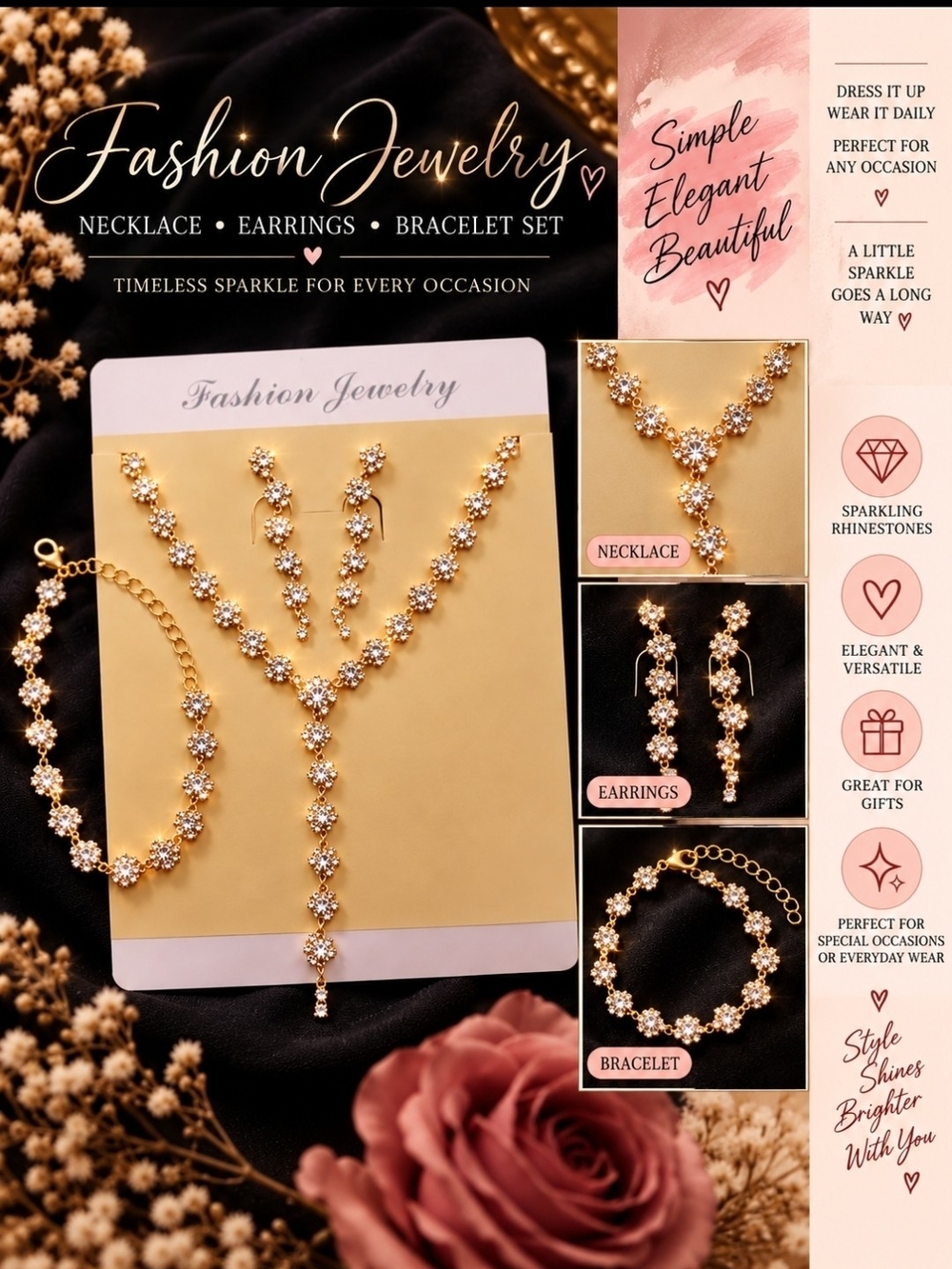 Gold Rhinestone Necklace, Earrings & Bracelet Set!!